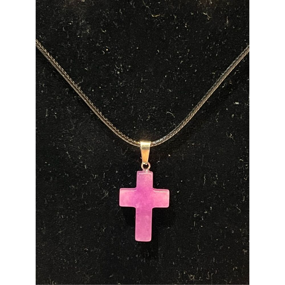 Purple Stone Cross on a Black Necklace Cord